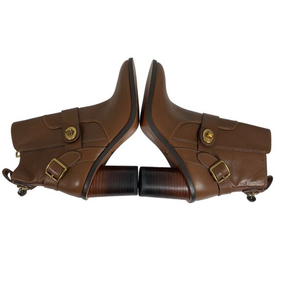 COACH 1941 Women Brown Leather Moto Booties Turnlock Buckles Stacked Heels NWOB - Picture 7 of 9